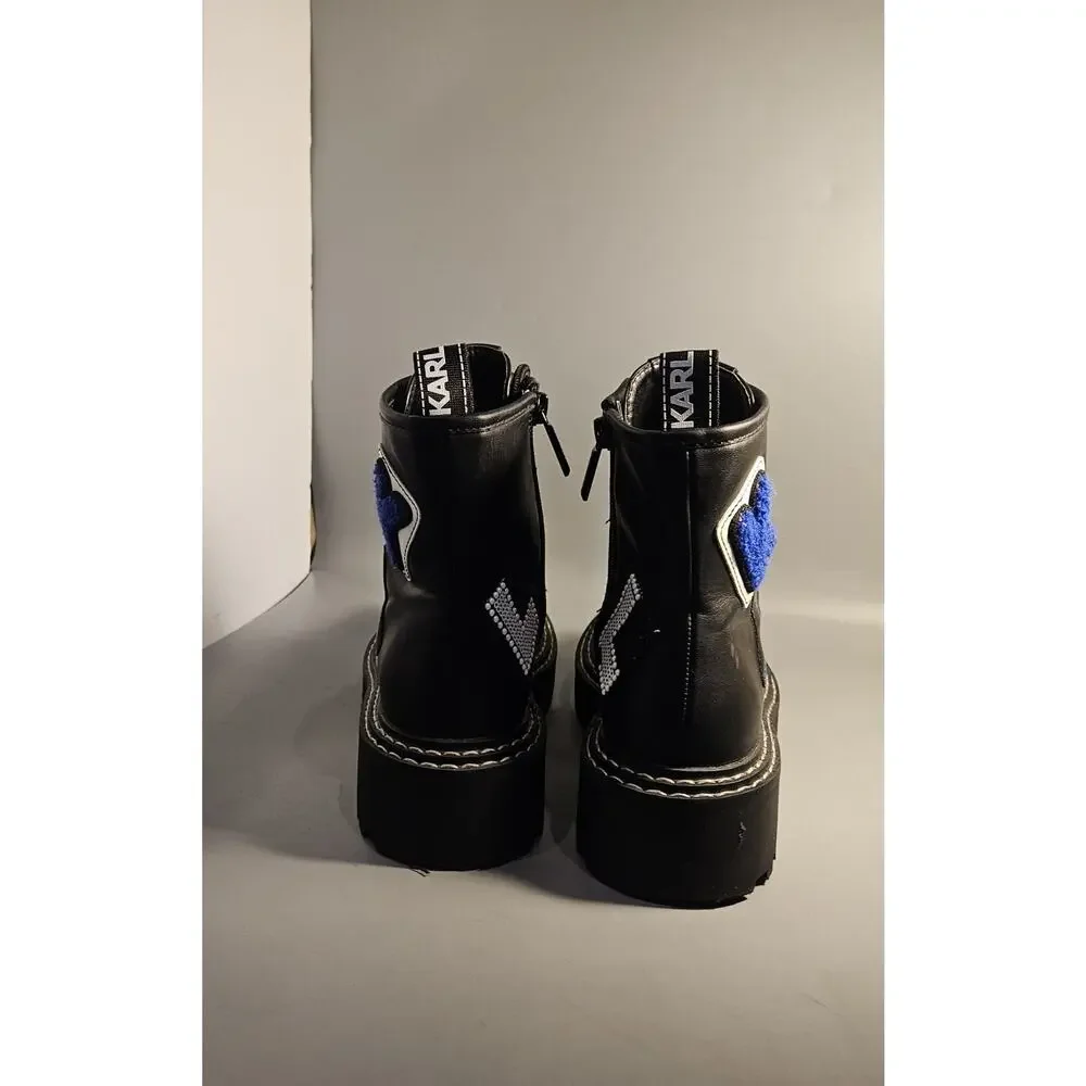 Karl Lagerfeld Paris Zip Up Combat Boots Dixie E23 Patches Embellishments Sz 6